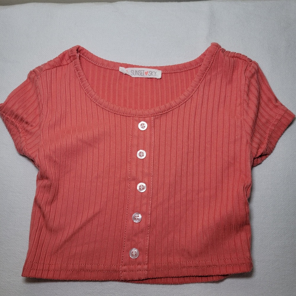 Sunset Sky Girls Coral Pink Ribbed Button Front Short Sleeve Crop Top Size 4